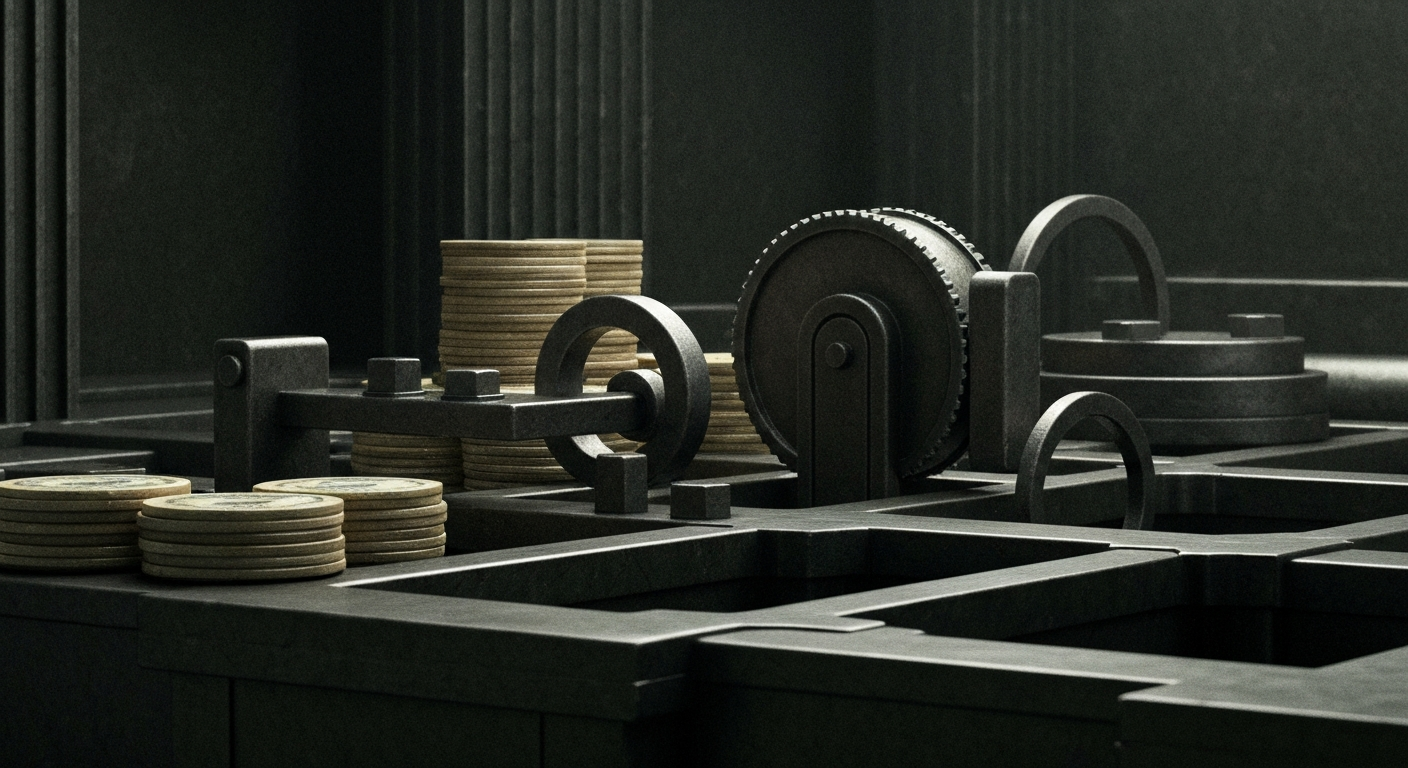 An extreme close-up of various gears, levers, and mechanisms of a banking machine, conveying the intricate and powerful nature of financial systems without using any literal currency or charts.