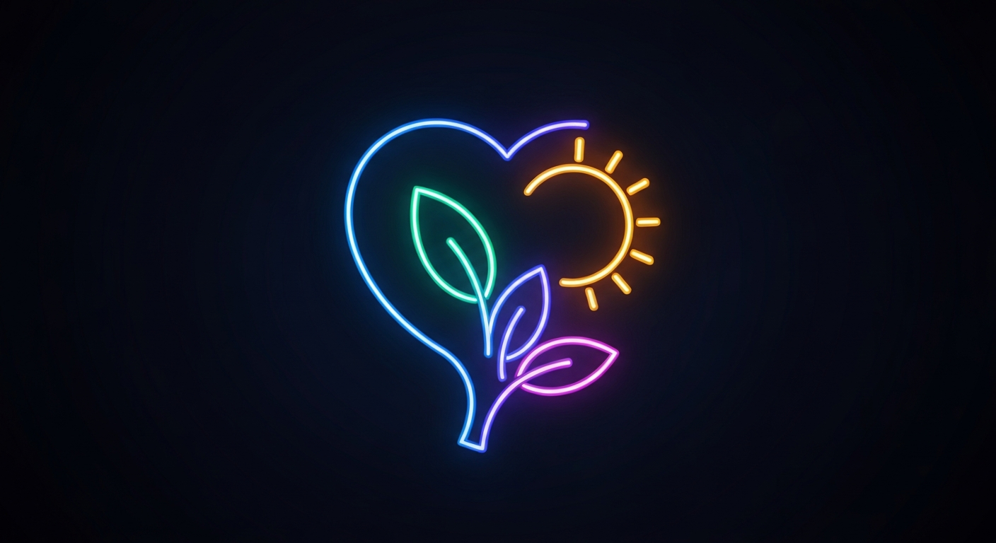 A minimalist design in the style of Keith Haring, with a glowing neon outline of a stylized health and wellness symbol against a dark background, conceptually representing the energy and connections of the natural products industry.