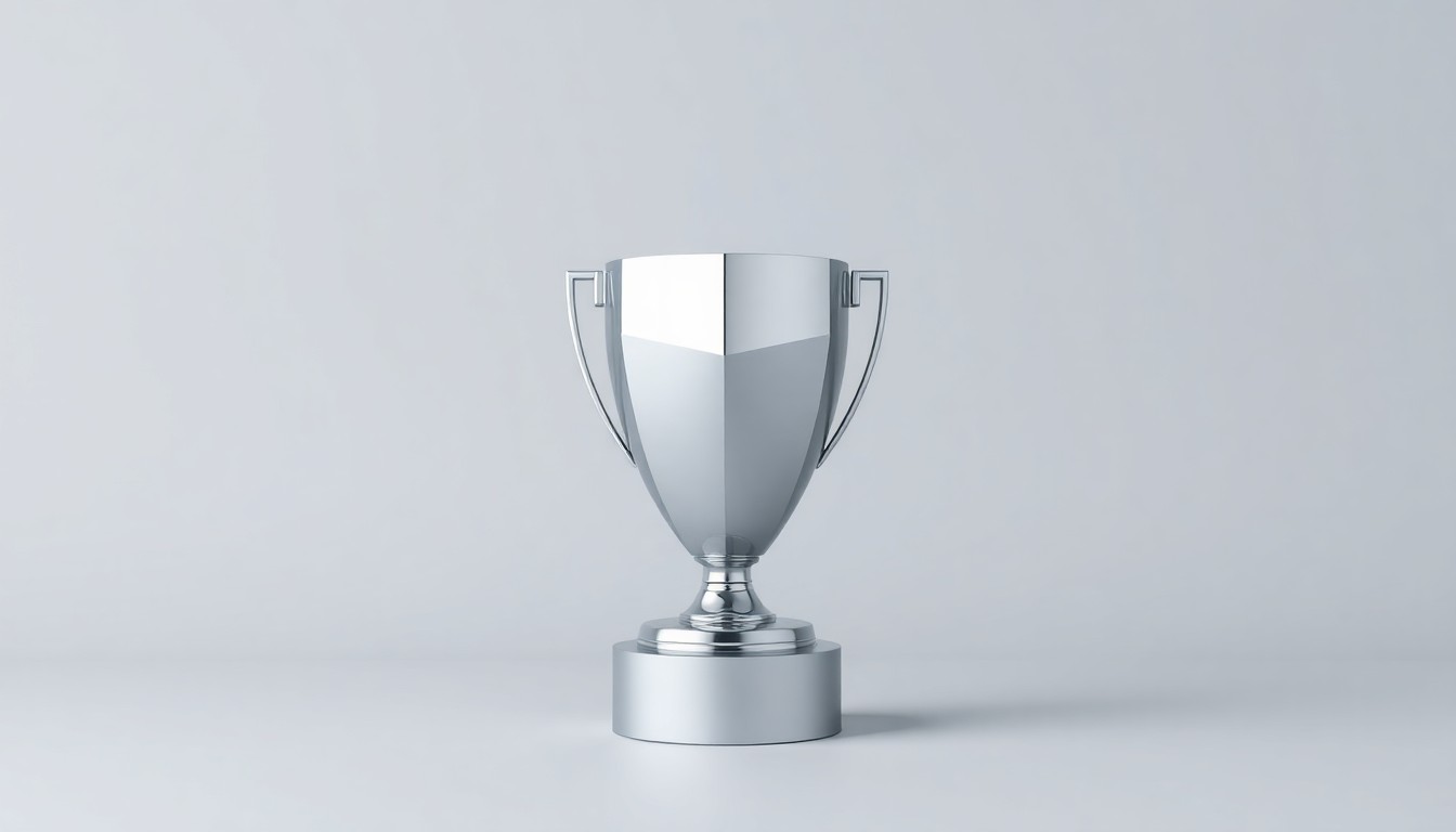A highly reflective, minimalist trophy or award object made of brushed metal and glass, floating on a clean white background and representing the prestige and recognition of the Boston Creator Accelerator program.