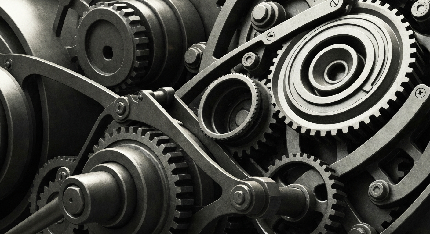 An extreme close-up of various metal gears, levers, and other industrial machinery components in shades of grey, black, and dark blue, conveying the complex financial and technological infrastructure underlying Salesforce's cloud-based software platform.