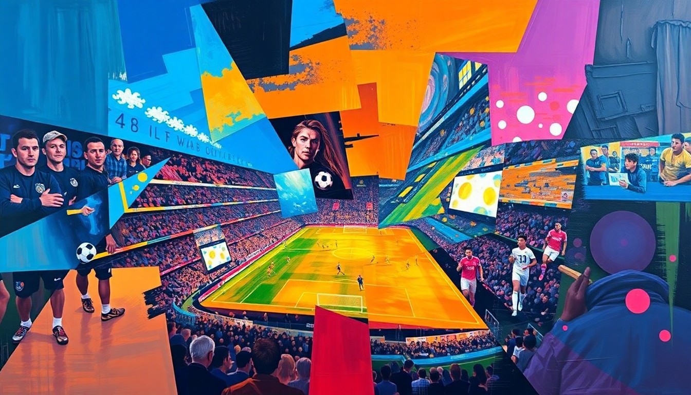 A fractured, cubist-style painting depicting an abstract soccer match or stadium scene, with sharp geometric shapes and planes in vibrant colors like blue, orange, and purple, conveying the excitement and momentum of new sports venue projects.