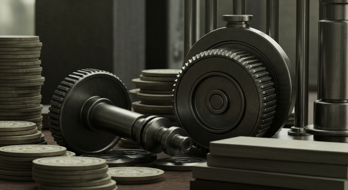 An extreme, cinematic close-up of heavy, industrial banking machinery and objects, conceptually representing financial security, institutions, and stored wealth without using literal money.