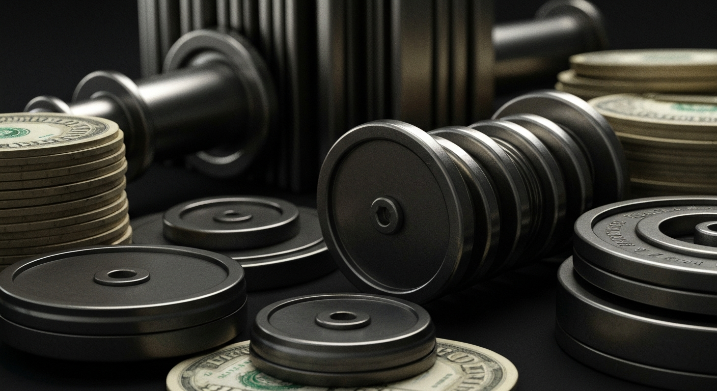 An extreme close-up of complex, industrial-looking financial machinery and equipment, conveying a sense of institutional power and stored wealth without depicting any literal currency or charts.