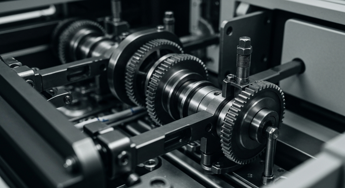 An extreme close-up of the intricate mechanical components and gears inside an Intuitive Surgical da Vinci robotic system, captured in a high-contrast, industrial style that conveys the precision engineering and technological sophistication powering these advanced surgical devices.
