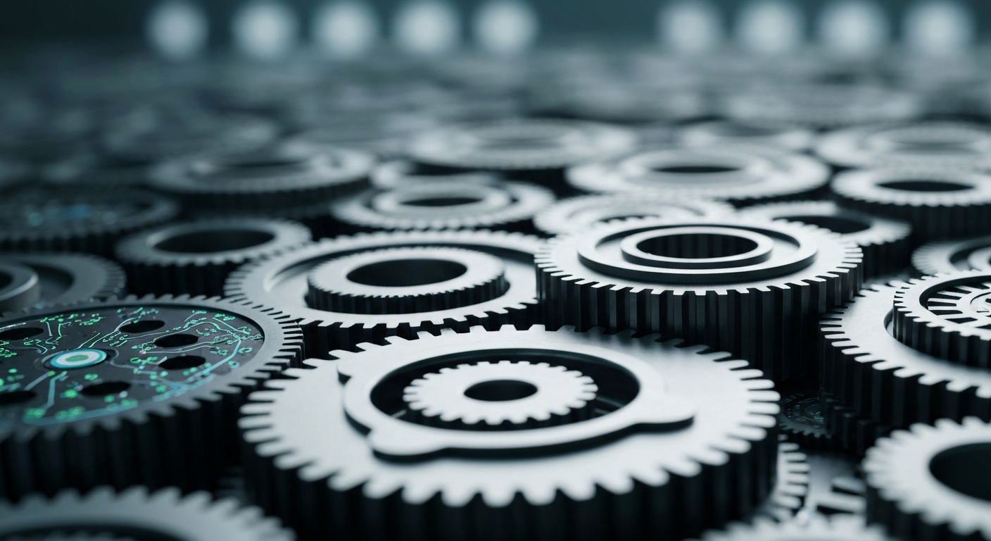 An extreme close-up of a complex network of interlocking metallic gears and components, representing the intricate financial infrastructure powering cloud computing services.