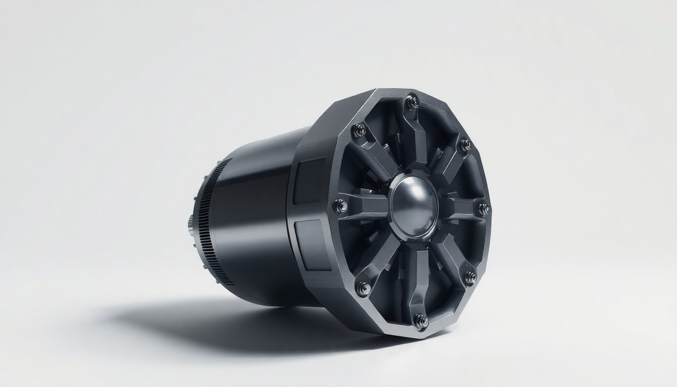 A polished, geometric metal sculpture representing a small modular nuclear reactor, floating on a clean white background and dramatically lit from the side to highlight its premium materials and sleek design.