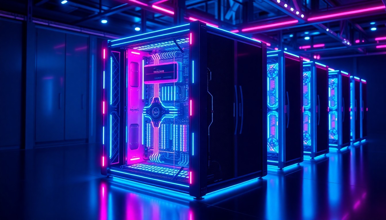 A highly detailed 3D illustration of a glowing, futuristic AI computing module or server rack, bathed in neon cyan and magenta lights, conceptually representing the advanced technology powering mission-critical defense systems.