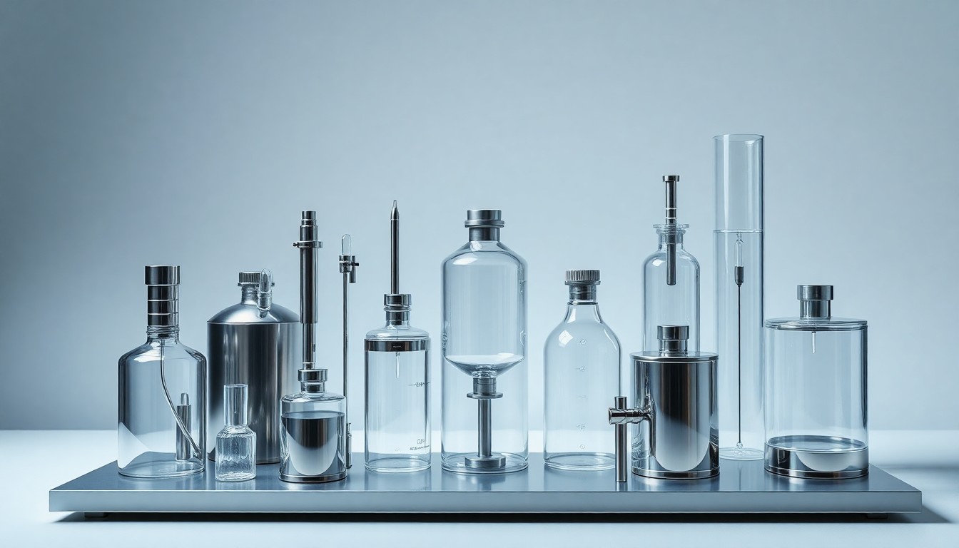 A photorealistic studio still-life photograph featuring a collection of sleek, polished metal and glass laboratory equipment arranged elegantly on a clean, monochromatic background, conceptually representing Repligen's innovative bioprocessing technologies.