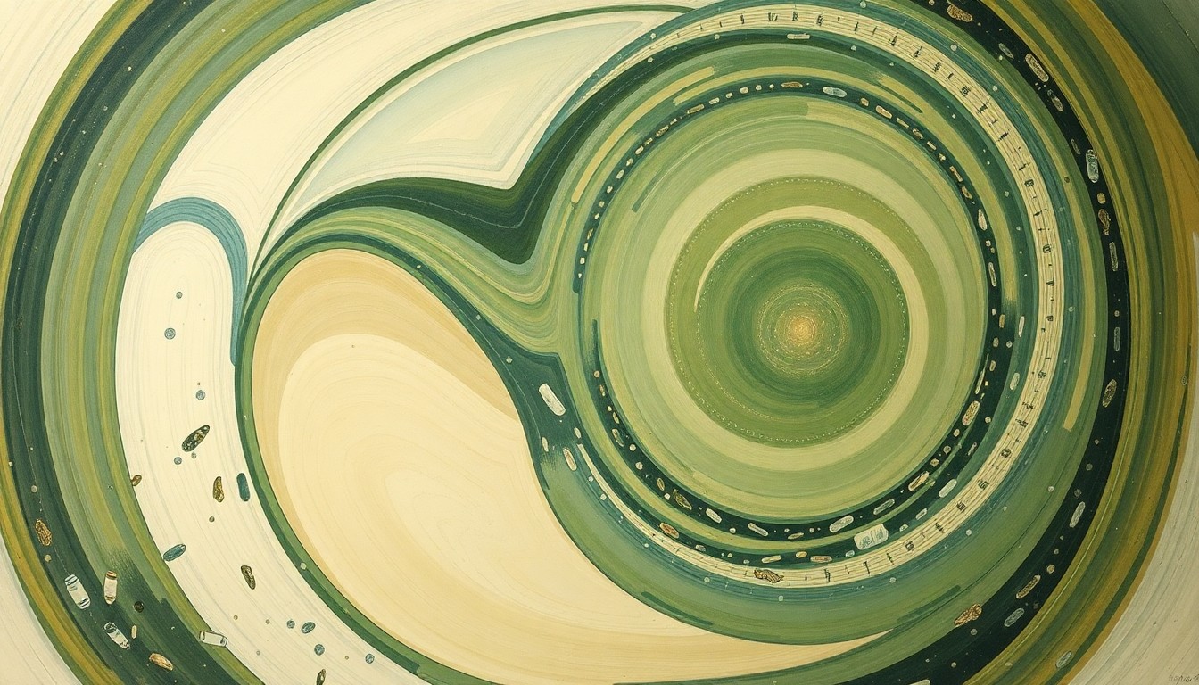 A highly textured, abstract painting in muted tones of green, brown, and blue, featuring sweeping geometric shapes and intersecting waveforms that conceptually represent the complex interplay of natural forces and human-made pollution in a river ecosystem.