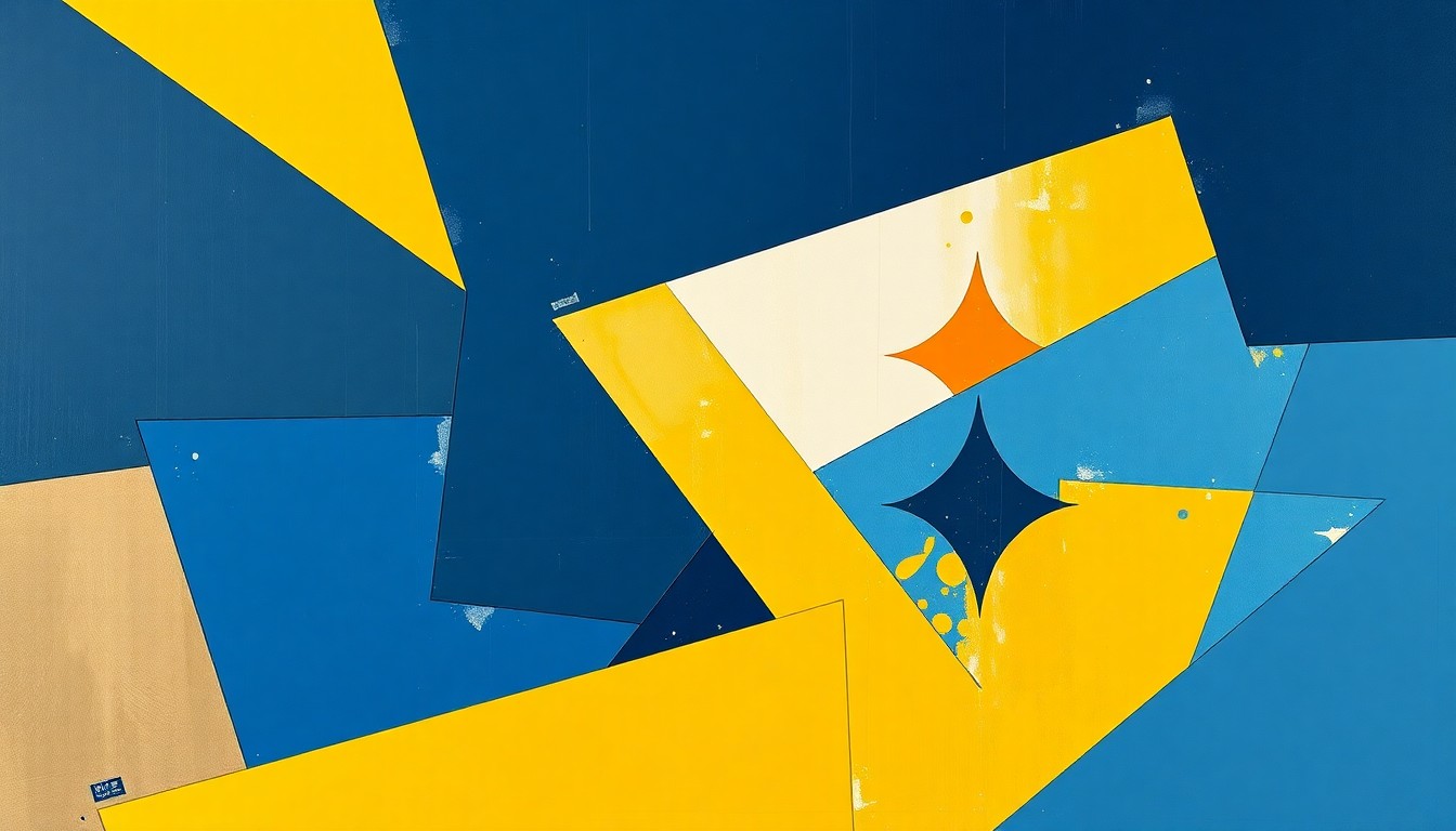 A cubist, geometric painting depicting the action of a football play, with overlapping planes of navy, gold, and powder blue representing the players and field.