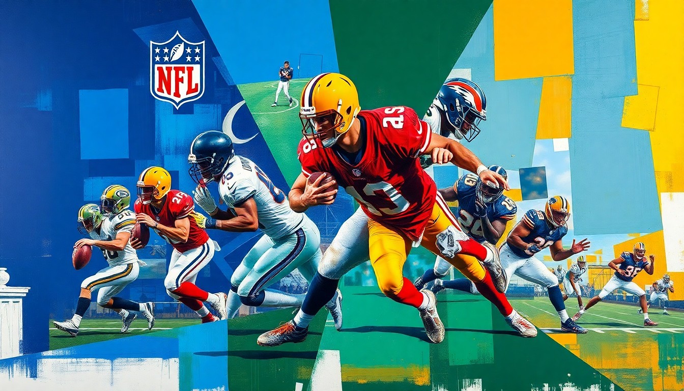 A fragmented, geometric painting in bold colors depicting various football elements like players, balls, and team logos, conveying the conceptual tension and complexity of the upcoming NFL Draft.
