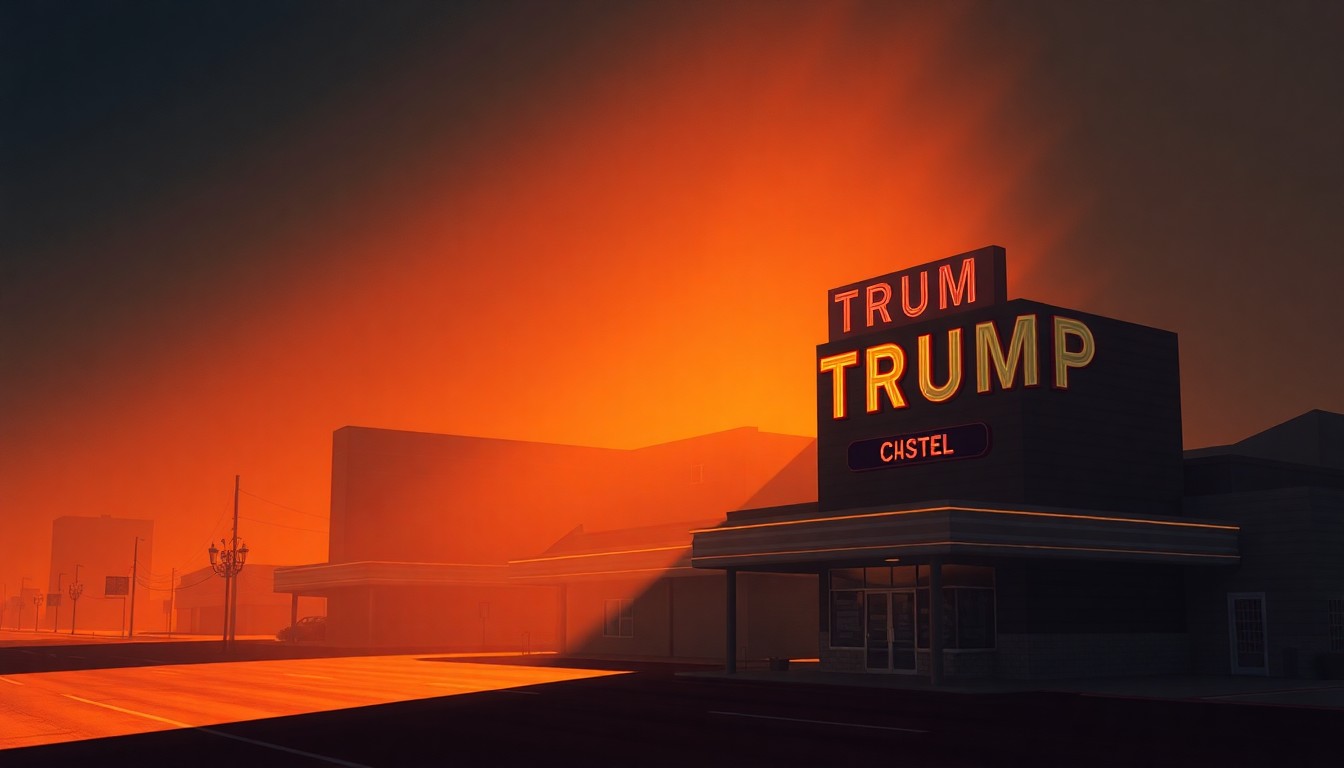 A cinematic painting of a solitary Trump-branded hotel or casino in Las Vegas, with warm sunlight and deep shadows creating a nostalgic, contemplative mood that reflects the political and economic challenges facing the former president.