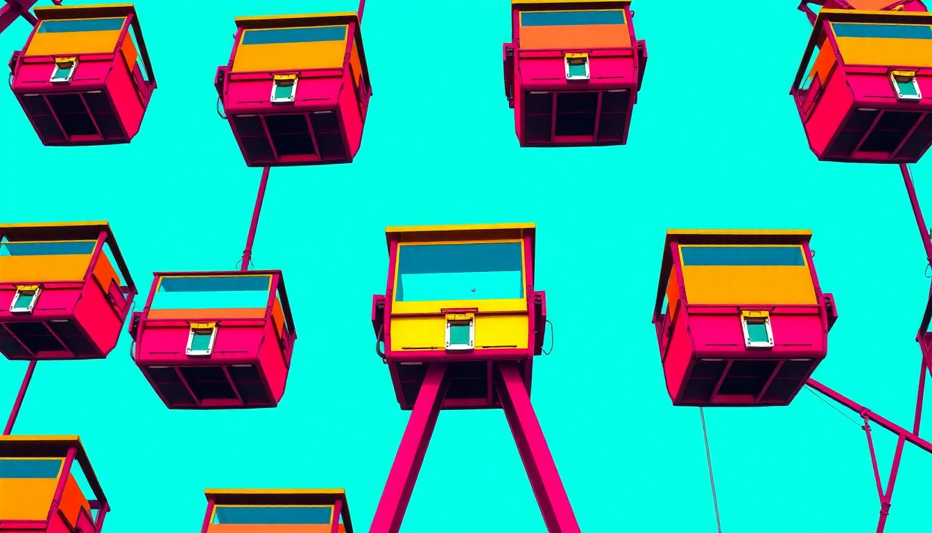 A highly stylized, abstract illustration of a Ferris wheel gondola repeated in a grid pattern, using bold neon colors and thick black outlines to create a modern pop art effect.