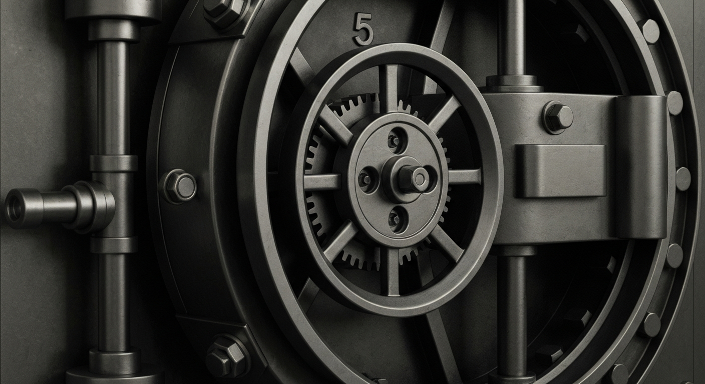 An extreme close-up of the heavy, industrial mechanisms of a bank vault door, conveying the secure, powerful infrastructure behind the financial institution's strong earnings.