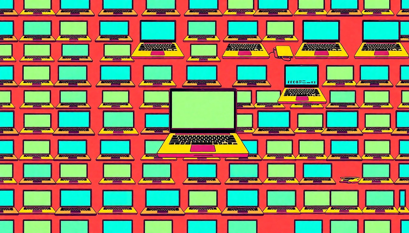 A highly stylized, abstract grid of neon-colored laptop computers, representing the integration of technology into the modern university experience.