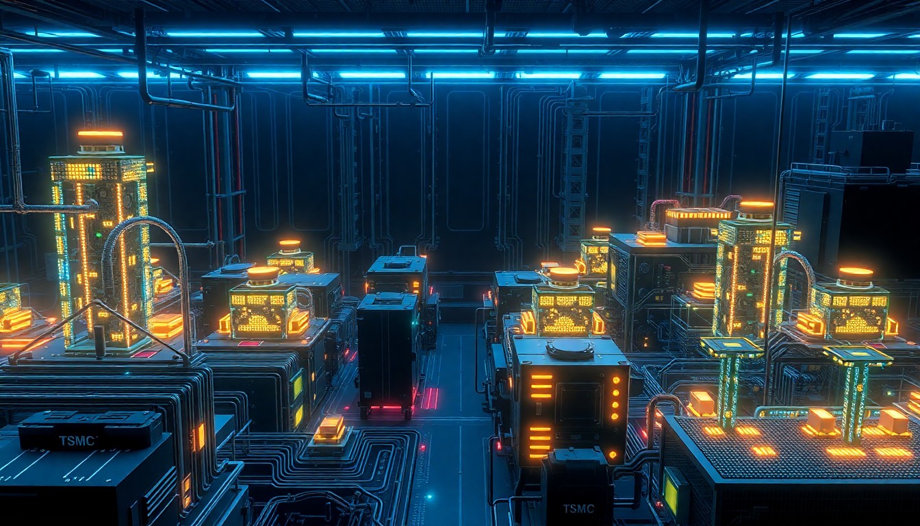 A highly detailed, glowing 3D illustration of a futuristic semiconductor fabrication plant, with intricate circuitry and neon-lit machinery against a dark, moody background, conceptually representing the scale and technological sophistication of TSMC's advanced manufacturing facilities in Arizona.