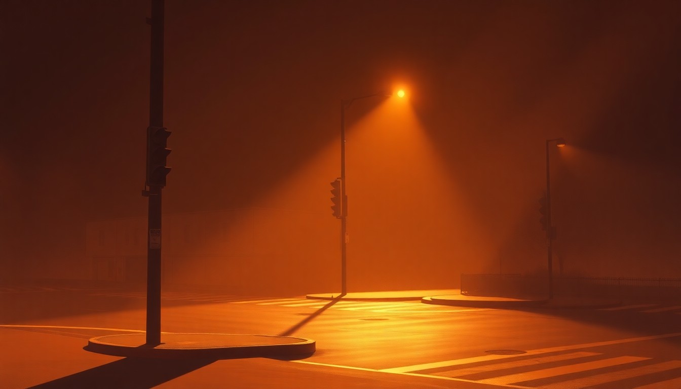 A serene, oil painting-style illustration of a lone traffic light at a deserted city intersection, with warm sunlight and deep shadows creating a cinematic, melancholy atmosphere.