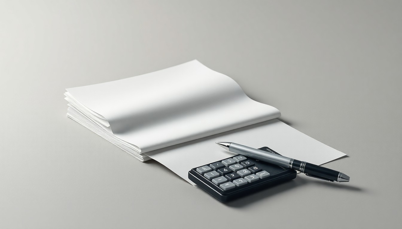 A minimalist studio still life featuring a stack of business documents, a calculator, and a pen arranged on a clean, grey background, symbolizing the abstract challenges of corporate strategy and finance facing Pennsylvania's small businesses.