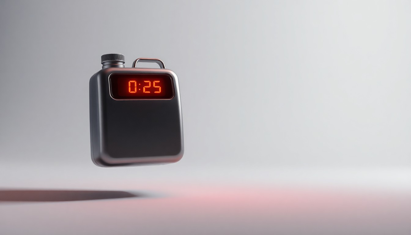 A photorealistic studio still life of a polished metal fuel canister with a glowing red digital display, floating on a clean, monochromatic background, conceptually representing the financial challenges facing the airline industry.
