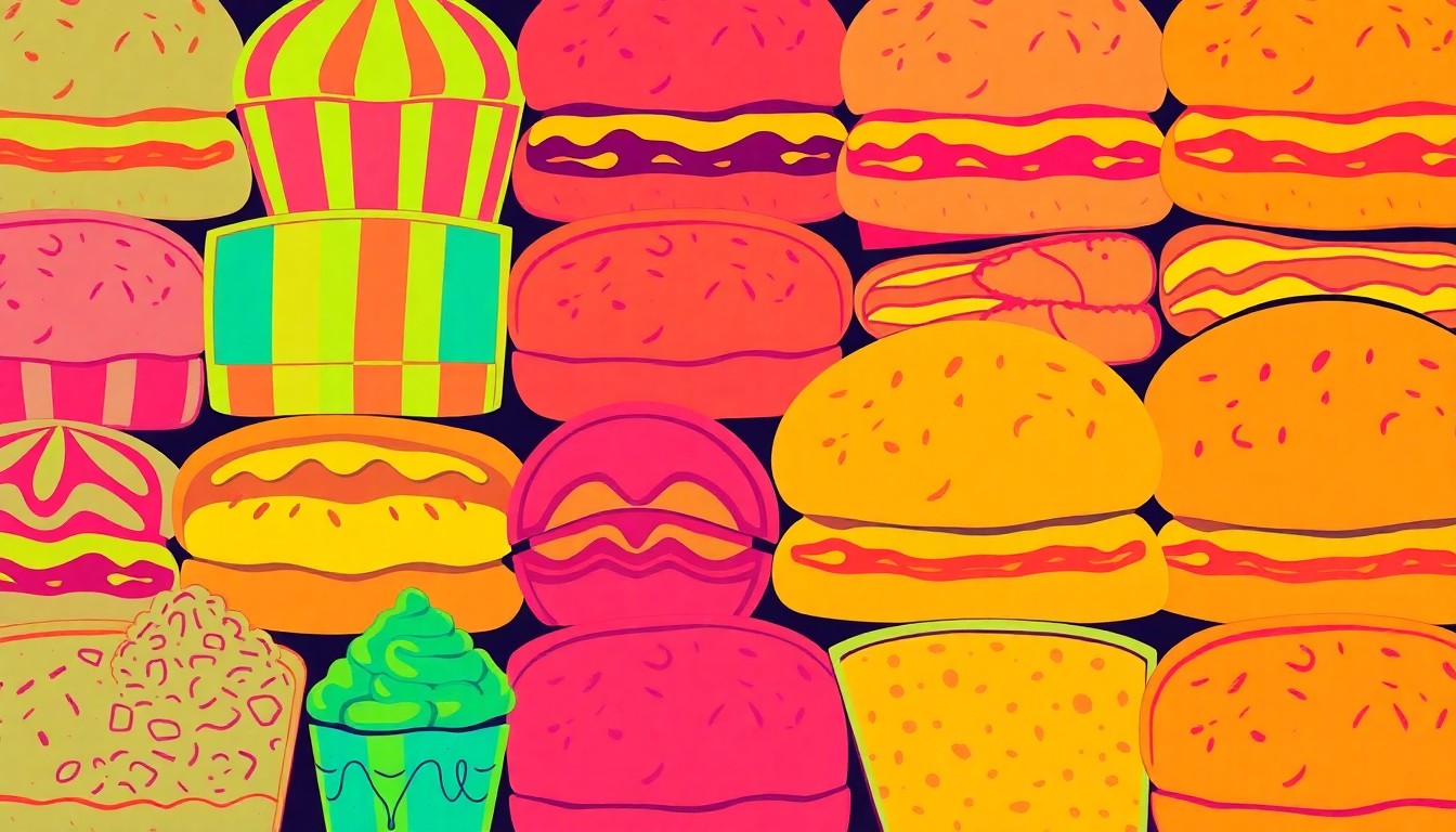 A bold, colorful silkscreen print featuring repeated images of classic festival food items like funnel cakes, corn dogs, and shaved ice, conceptually representing the energy and excitement of Fresno State's annual Vintage Days celebration.