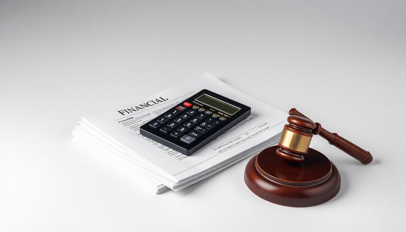 A high-end studio photograph featuring a stack of financial reports, a calculator, and a gavel arranged on a clean, monochromatic background, symbolizing the abstract concepts of corporate finance, risk, and accountability.