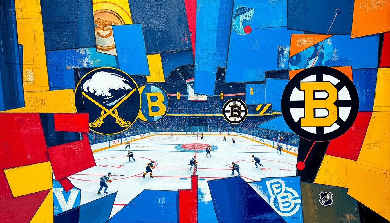 A fractured, multi-perspective painting in bold, overlapping geometric shapes and planes of blue, gold, and red, conceptually representing the high-stakes playoff matchup between the Buffalo Sabres and Boston Bruins hockey teams.