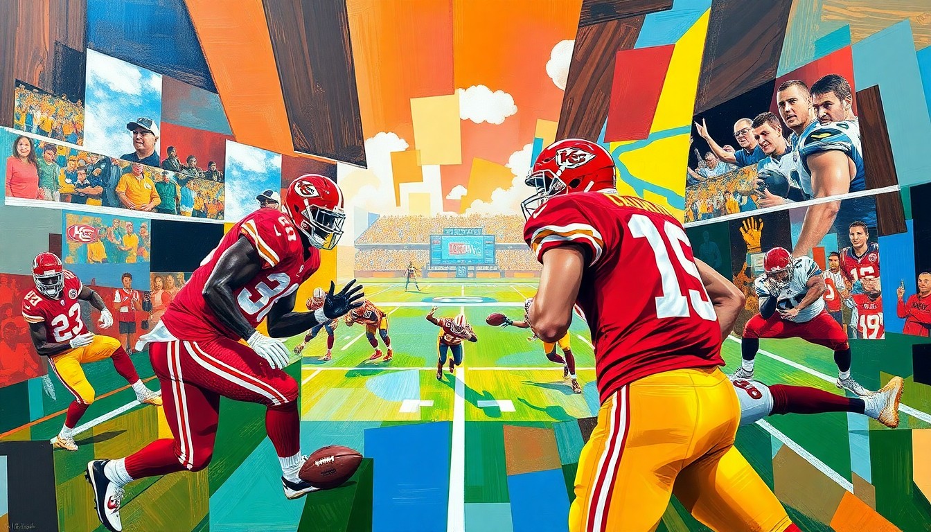A cubist, geometric painting depicting fragmented, overlapping shapes and planes in the Chiefs' red and gold colors, representing the chaotic energy and multiple perspectives of an NFL draft scene.
