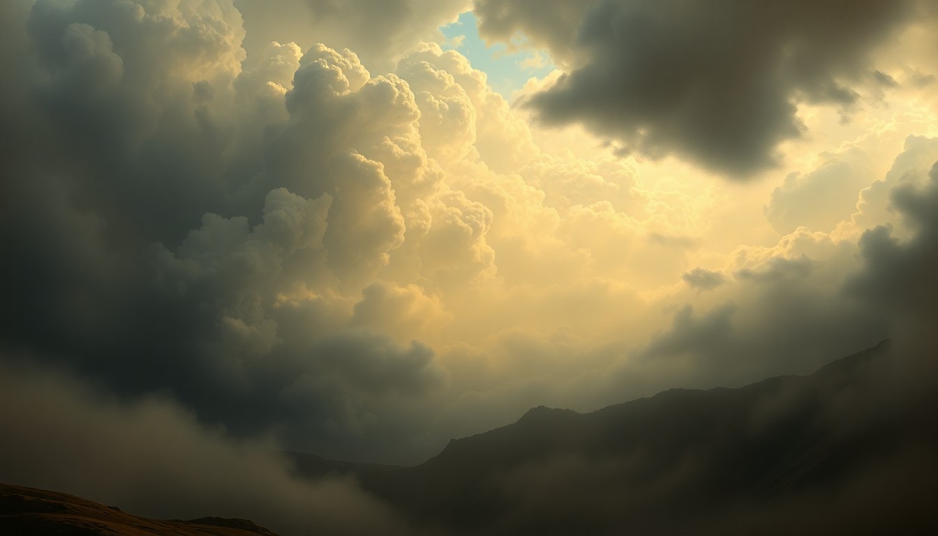 A vast, atmospheric landscape painting in muted tones of gray, blue, and white, with a distant horizon line obscured by heavy clouds and fog, conveying the sublime scale and power of an approaching weather system.