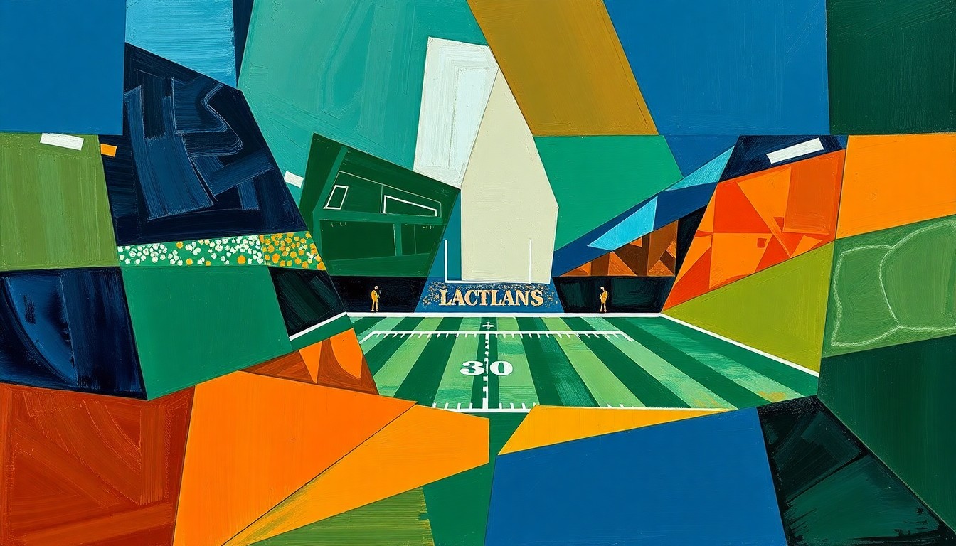A fragmented, cubist-style painting depicting a football game broken down into sharp, overlapping geometric shapes in navy, green, and orange, conveying the multifaceted nature of a coach's personal growth journey.
