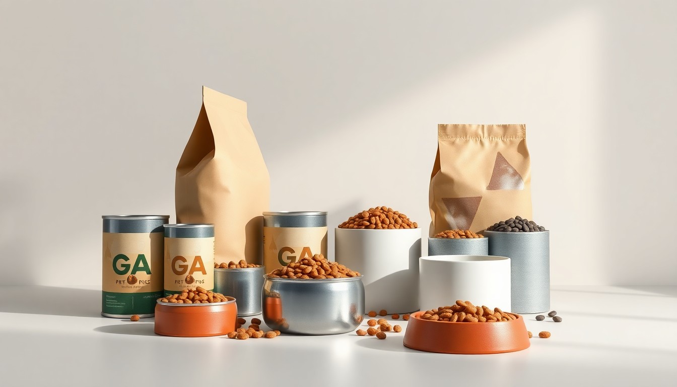 A high-end studio still life featuring a collection of stylized pet food packaging and bowls arranged elegantly on a clean, monochromatic background, conceptually representing the industry's shift toward clinical wellness and ethical transparency.