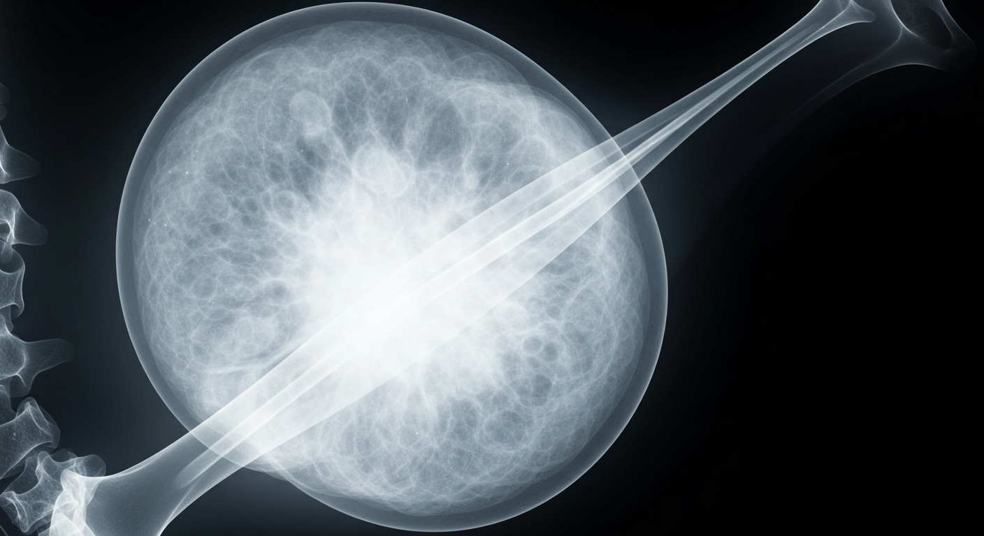 An abstract, ghostly X-ray image revealing the intricate internal structures of a breast cancer tumor, conveying the advanced analytical capabilities of the AidaBREAST assay.