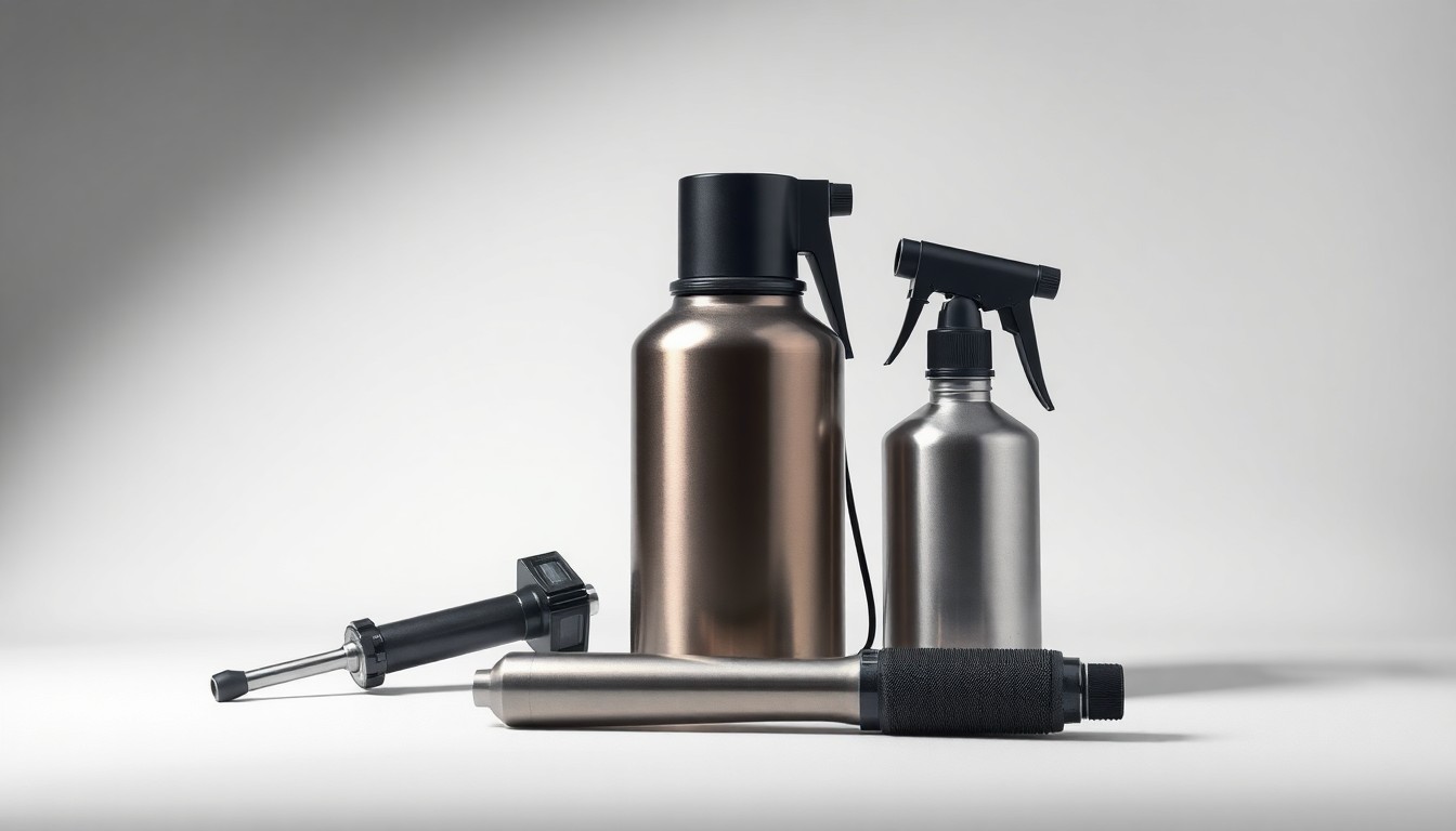 A high-end, photorealistic studio still-life photograph featuring a collection of premium, polished objects related to pest control and mosquito management, arranged elegantly on a clean, monochromatic background with dramatic studio lighting and deep shadows.