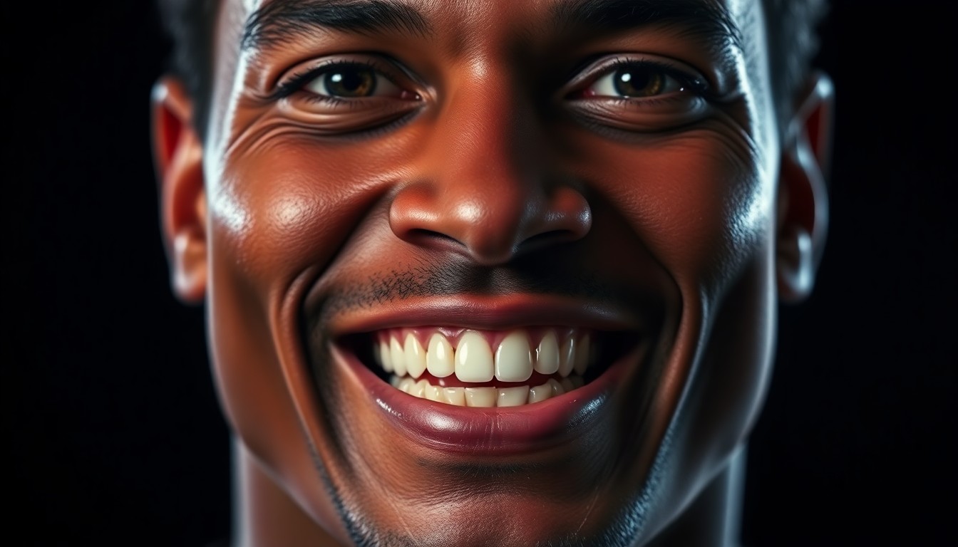 An extreme close-up photograph of Ronaldinho's smiling face, with his teeth and skin texture captured in dramatic, high-contrast lighting, conceptually representing the intimate, human side of the football icon's story.