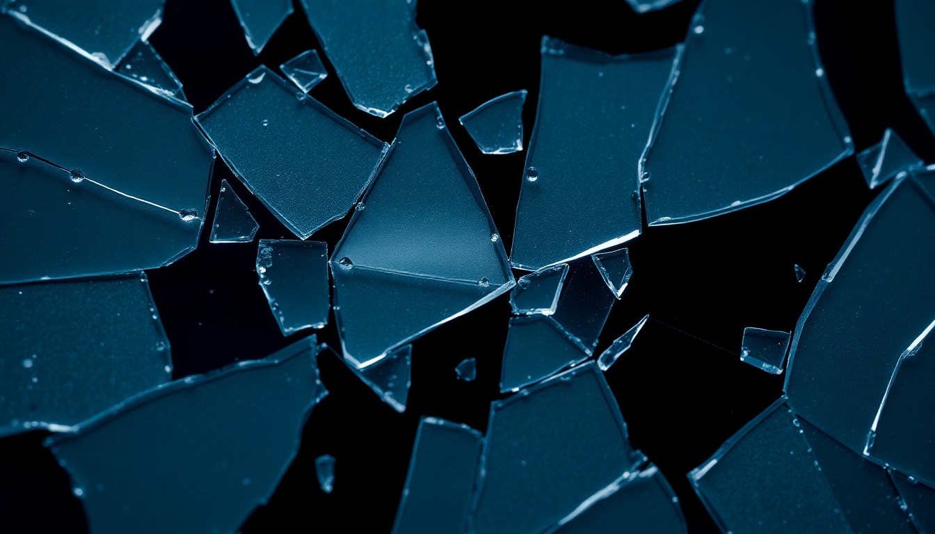 An extreme close-up photograph of a shattered, glittering glass texture in muted shades of blue and grey, conveying a sense of fragmentation and uncertainty.
