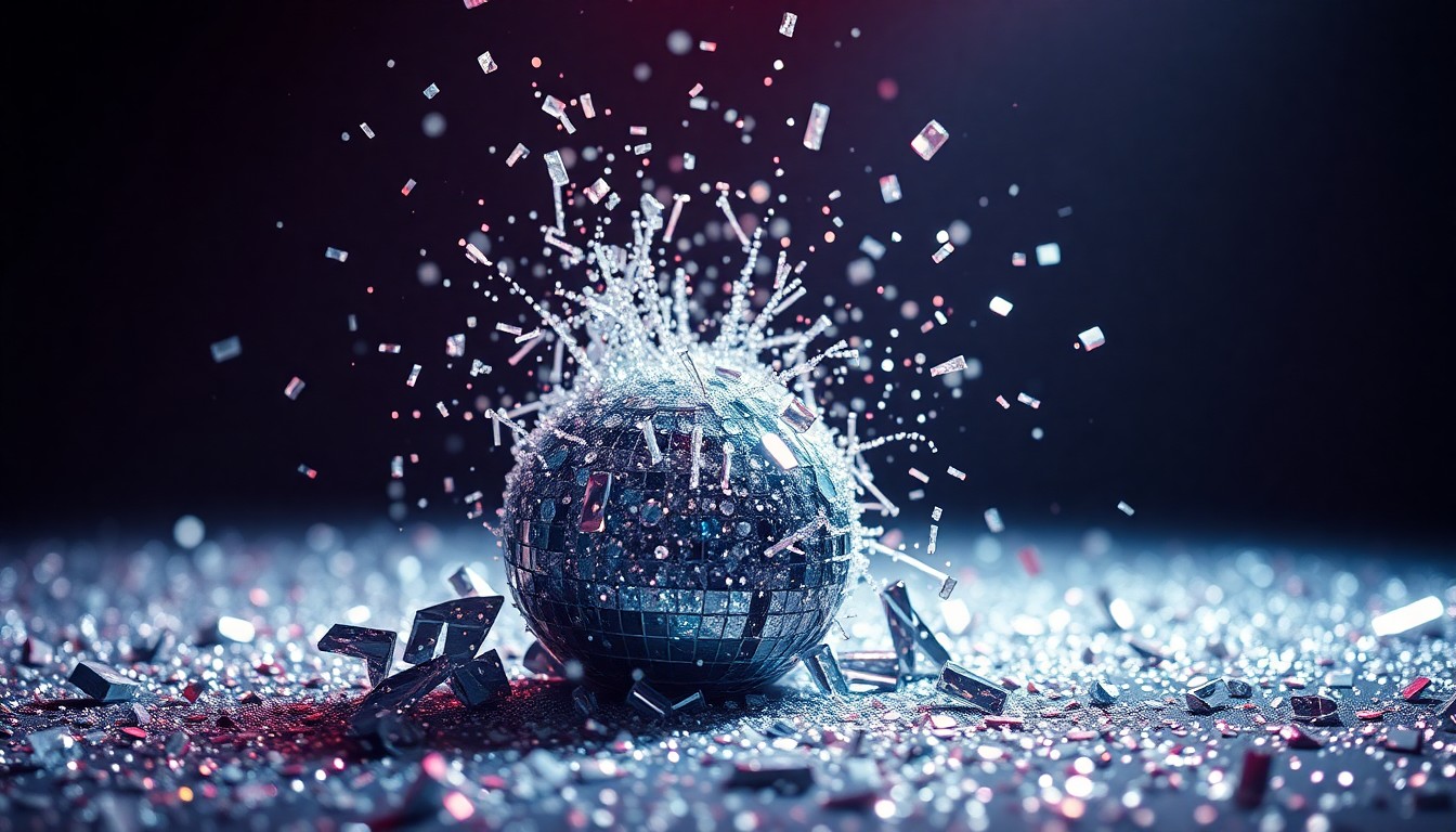 An abstract close-up photograph of sparkling sequins and shattered glass, conveying the glamour and excitement of a K-pop concert through dramatic lighting and texture.