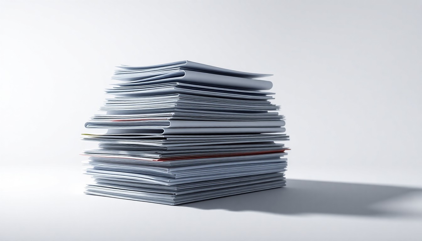 A high-end, photorealistic studio still-life photograph featuring a stack of neatly organized office supplies and documents, representing the efficient management of iPower's real estate assets and the generation of recurring rental income.