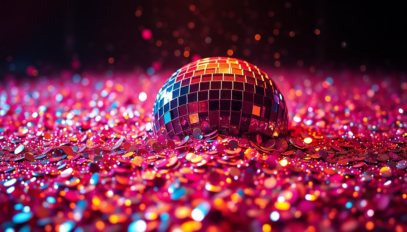 An abstract close-up image featuring a dazzling array of shimmering sequins and glittering disco ball fragments, captured in dramatic, high-contrast studio lighting to convey the celebratory energy of a music release party.