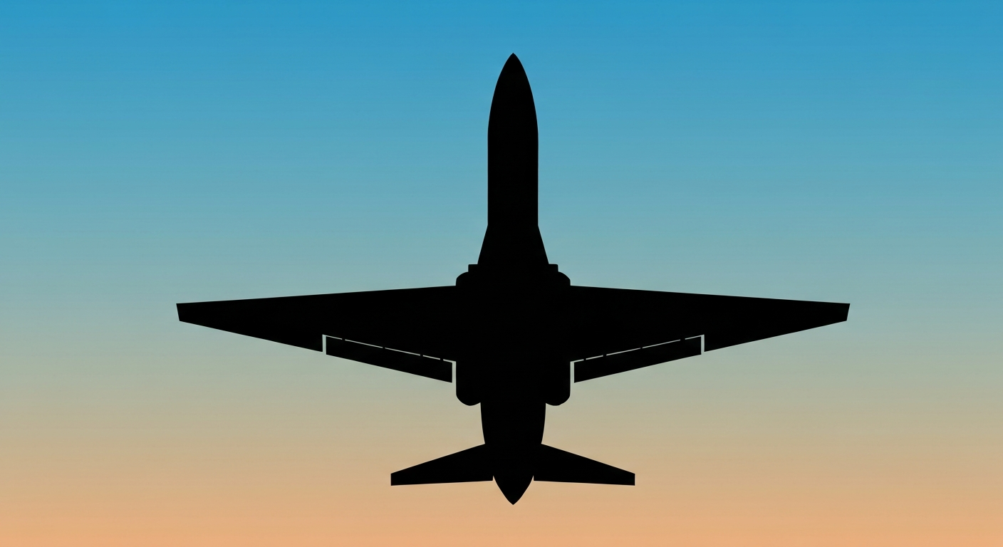 A bold, geometric illustration in the Art Deco style, depicting the sleek silhouette of an aircraft against a gradient sky background, conveying a sense of power and motion without any visible text or identifiable features.