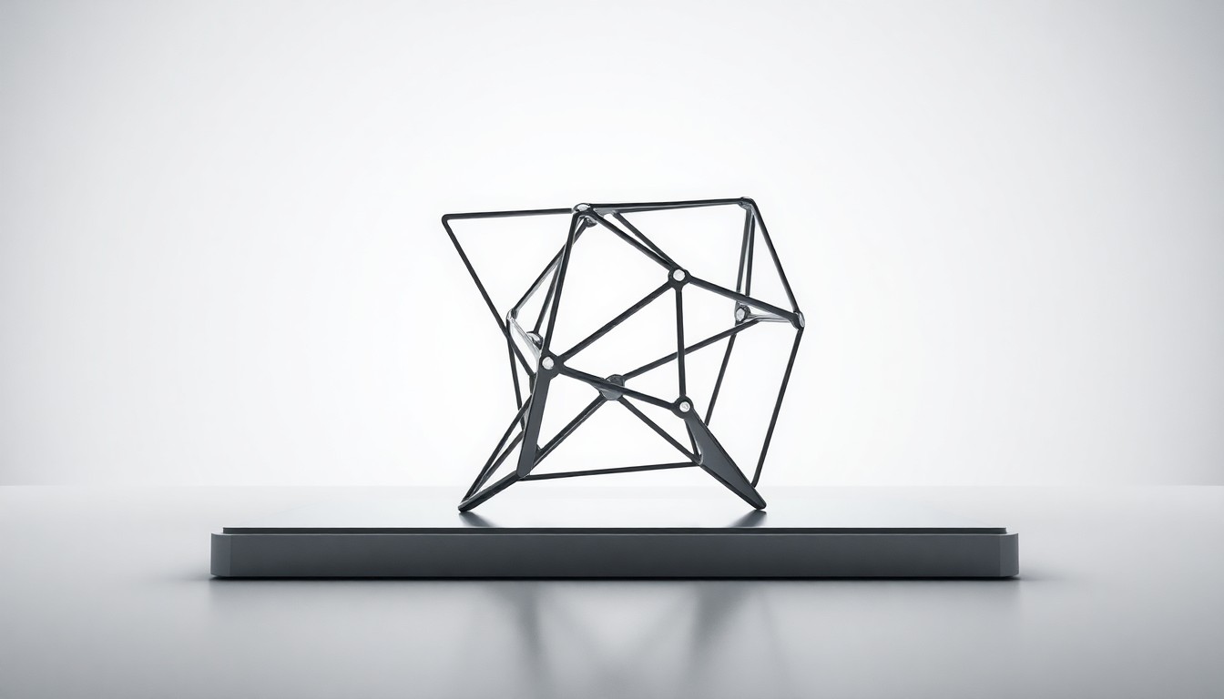 A highly polished, geometric metal sculpture in shades of silver and grey, arranged on a clean white background and dramatically lit to symbolize the complex, cutting-edge nature of self-driving vehicle technology.
