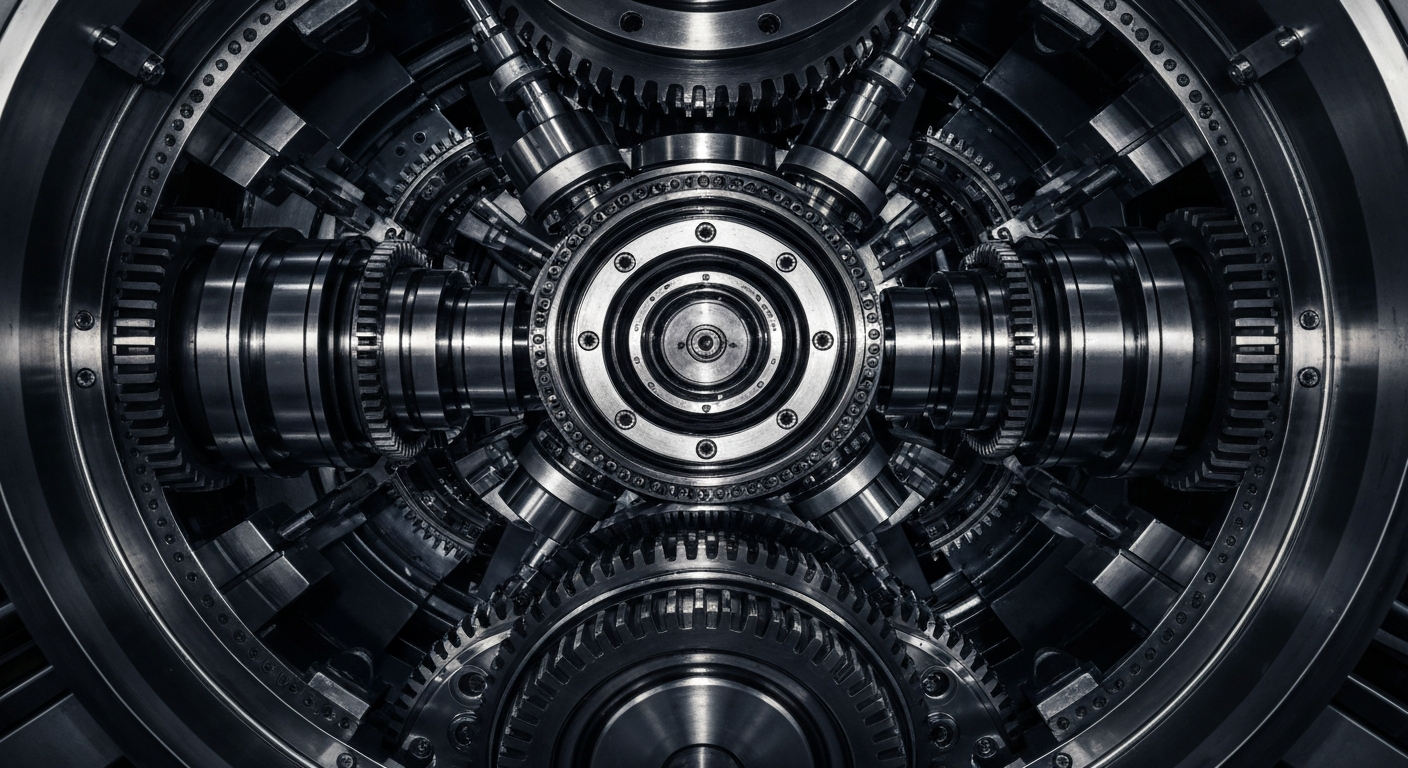 An extreme close-up of the complex, interlocking metal components of a Lockheed Martin aerospace manufacturing machine, conveying the industrial might and technical sophistication of the company's operations.