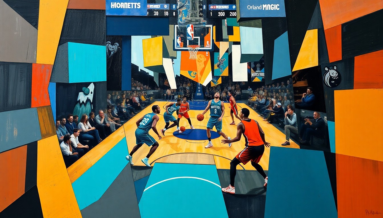 A cubist-style painting depicting the action and energy of a basketball game between the Charlotte Hornets and Orlando Magic, with overlapping geometric shapes and planes representing the players' movements and the competitive nature of the contest.