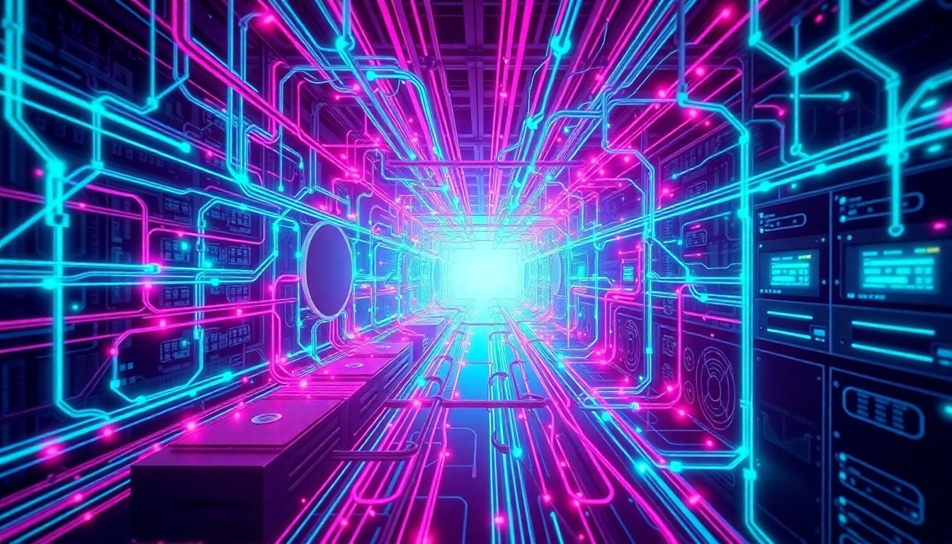 A highly detailed, glowing 3D illustration of a complex network of interconnected cables, circuit boards, and data servers in shades of neon cyan and magenta, conceptually representing the convergence of real-time media workflows and AI processing on a single high-performance infrastructure.