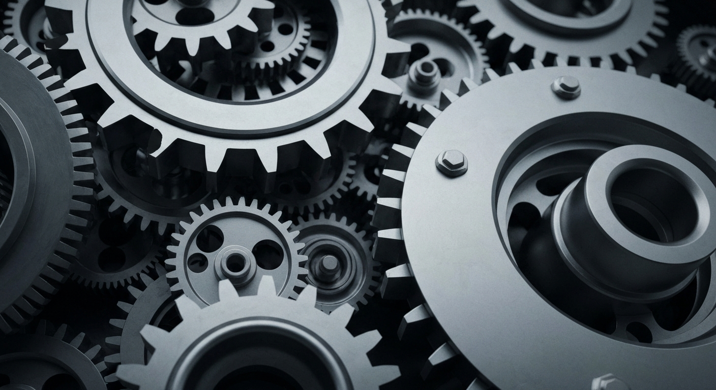 An extreme close-up of interlocking metal gears and machinery, conceptually representing the financial infrastructure and institutional investment behind Sun Communities' real estate operations.