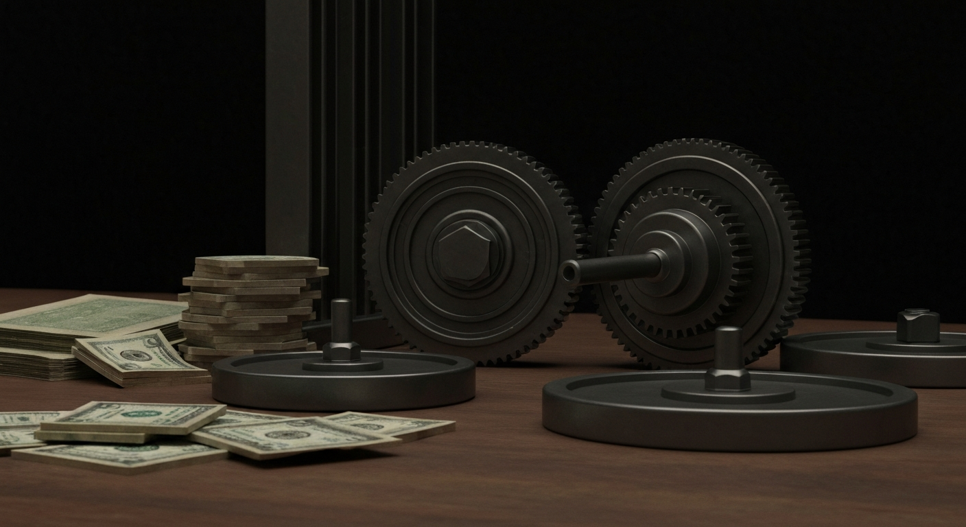 An extreme close-up of intricate financial machinery and equipment, conveying a sense of the complex inner workings of the banking and investment industry.