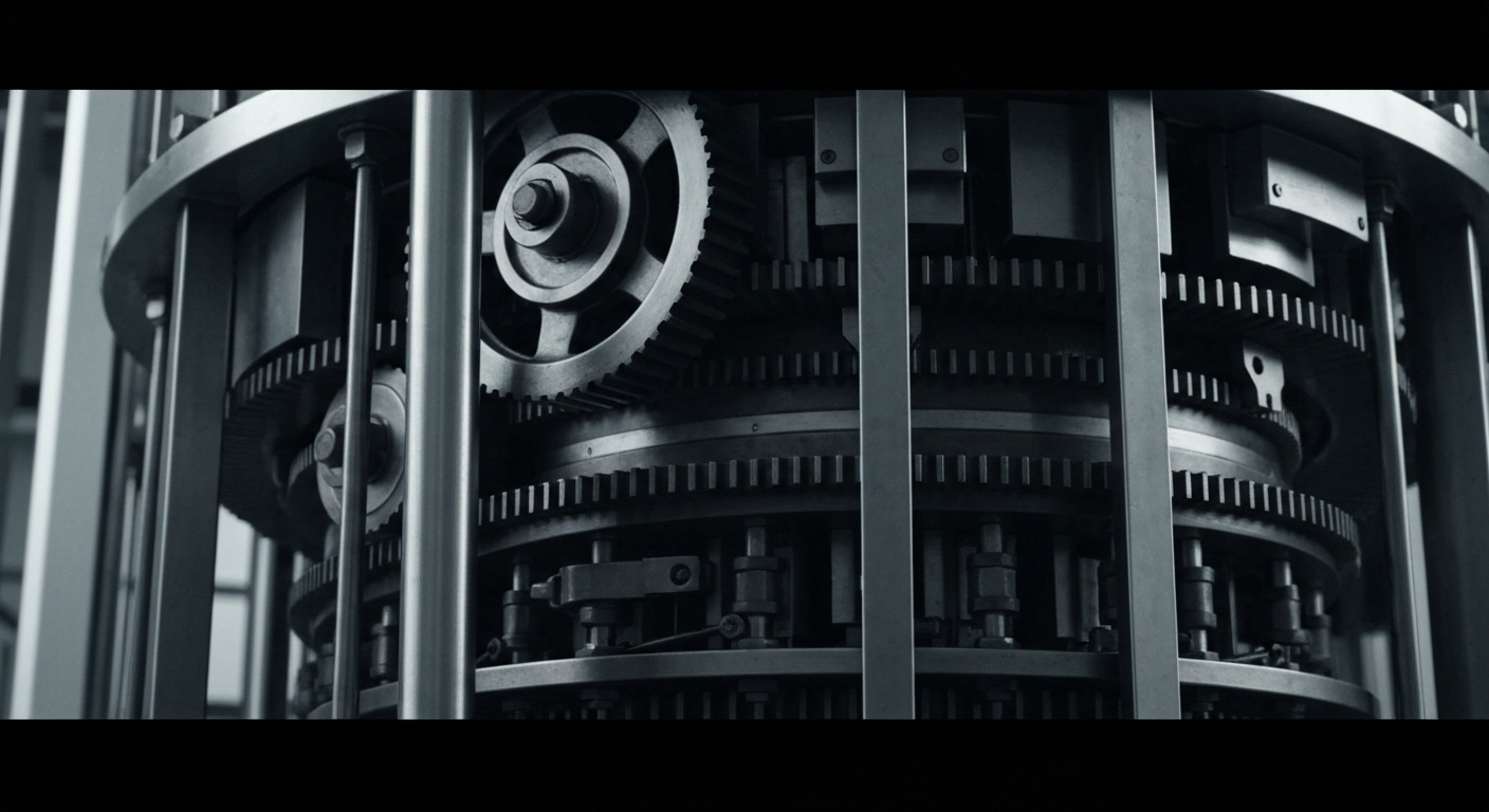 An extreme close-up of the shiny, metallic gears and pistons of an industrial bottling machine, conveying the scale and complexity of Coca-Cola's global manufacturing operations.