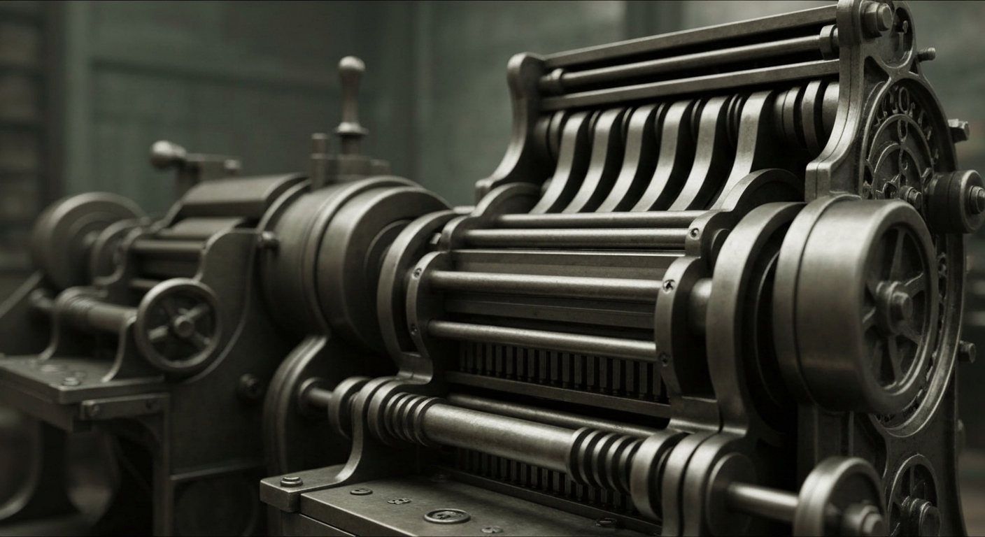 A highly detailed, black-and-white close-up photograph of complex, industrial banking machinery and equipment, conveying a sense of the company's financial security and institutional power.