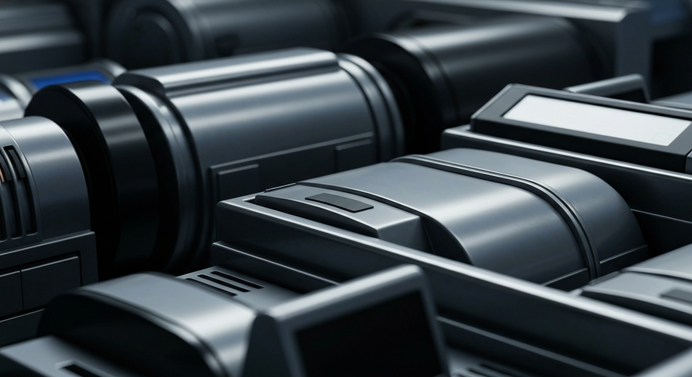 An extreme close-up of heavy, textured industrial machinery and banking equipment in shades of grey, blue, and black, conceptually representing the financial power and institutional presence of the Fortive Corporation.