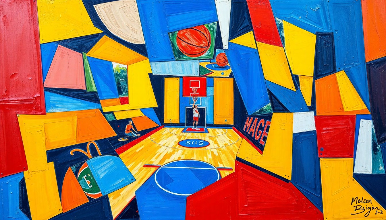 A cubist-style painting featuring sharp, overlapping geometric shapes in shades of blue, red, and yellow, representing the dynamic nature of a basketball game or match.