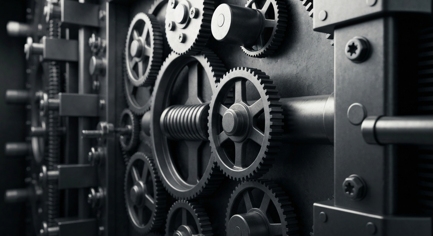 An extreme close-up of the intricate, industrial mechanisms of a bank vault, conveying a sense of security and the tangible weight of financial institutions.