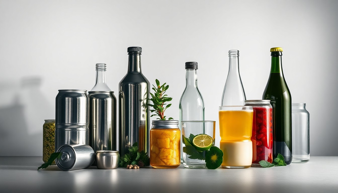 A high-end, photorealistic studio still-life photograph featuring a collection of premium, polished stainless steel beverage cans, glass bottles, and other clean nutrition packaging materials arranged elegantly on a monochromatic seamless background, conceptually representing Edible Garden's advanced, sustainable beverage manufacturing capabilities.
